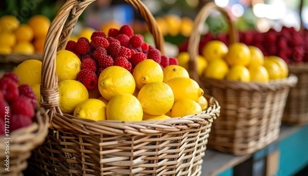 Fototapeta Close-up of woven baskets overflowing with ripe yellow lemons and vibrant red raspberries at an outdoor market, with others visible