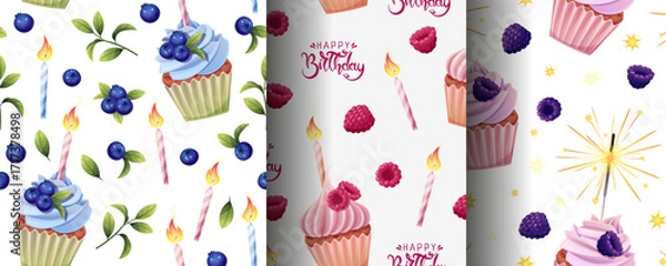Fototapeta Birthday Cupcakes with Berries, Candles and Fireworks Seamless Pattern Set. Party Gift Wrap Collection for Birthday Decor, Textile Design, Scrapbooking and Festive Packaging