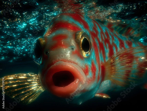 Fototapeta close-up view of a fish underwater with its mouth open, revealing its gills. The water around the fish is sparkling, indicating a fresh or clean aquatic environment.