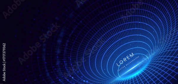 Fototapeta Futuristic blue digital tunnel lines with lighting effect sparkle on dark background.