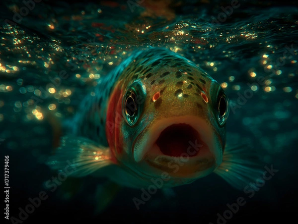 Fototapeta close-up view of a fish underwater with its mouth open, revealing its gills. The water around the fish is sparkling, indicating a fresh or clean aquatic environment.