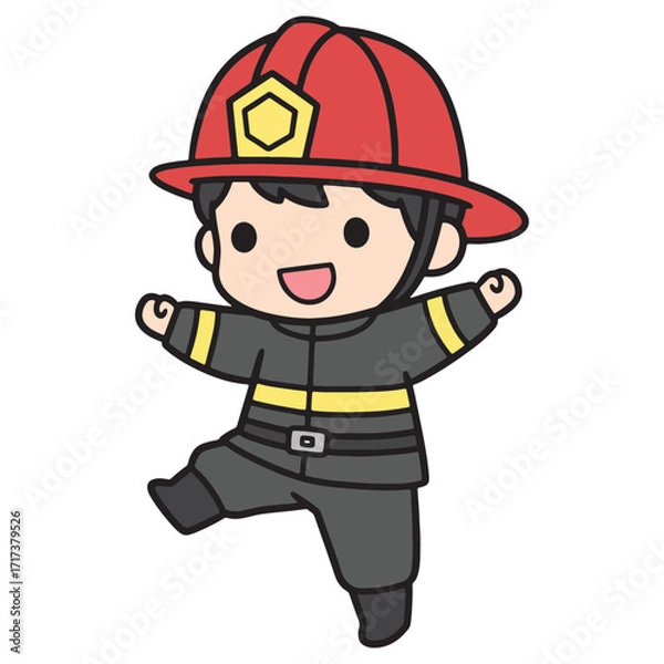 Fototapeta A happy cartoon firefighter in a red helmet and uniform, ready for action with arms spread wide