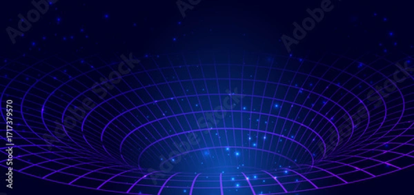 Fototapeta Futuristic blue and pink digital tunnel lines with lighting effect sparkle on dark background.