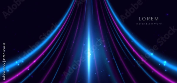 Fototapeta Abstract futuristic blue and pink curve vertical light ray on dark blue background.
