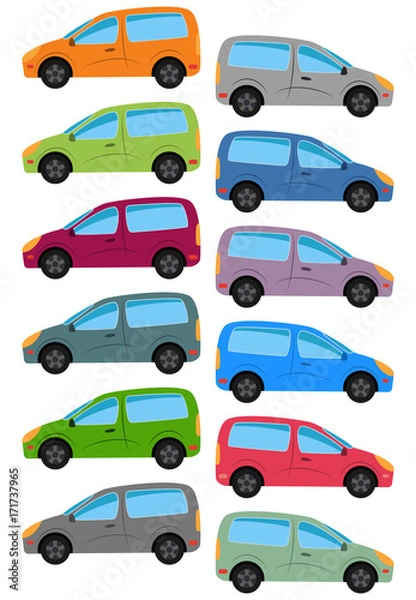 Fototapeta Set of multicolored car. Isolated vector illustration.
