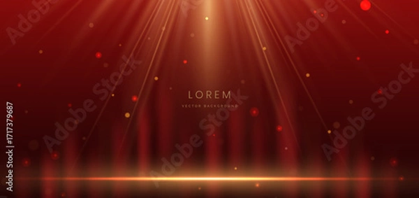 Fototapeta Scene elegant red ray with gold lighting effect sparkle on dark red background.