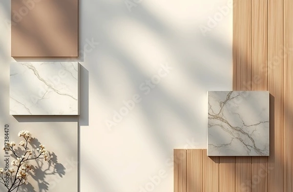 Fototapeta Minimalist flat lay composition with natural textures of marble wood and dried flowers casting soft shadows