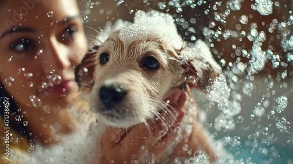 Fototapeta Dynamic low-angle shot from the side of a bathtub. A woman's hands gently but firmly holding a playful, wet puppy covered in suds. Water droplets splashing, soap bubbles everywhere. 