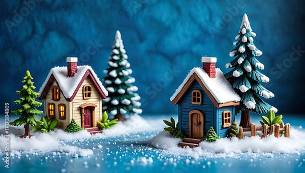 Fototapeta Charming Winter Village Scene with Snow Covered Houses and Pine Trees a Miniature Festive Wonderland Capturing the Holiday Spirit