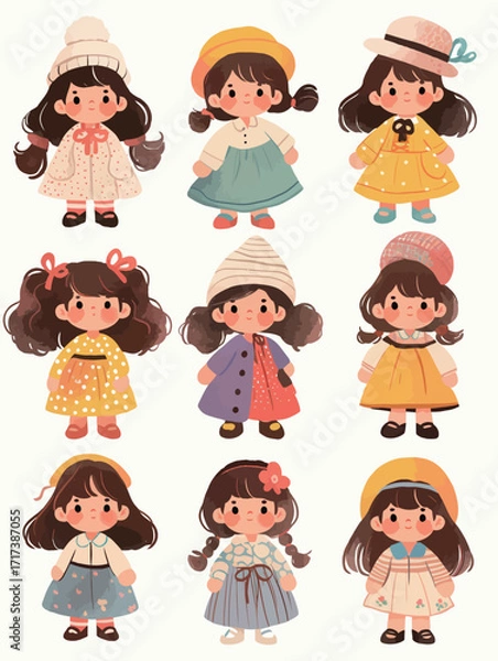 Fototapeta Nine adorable cartoon girls are depicted in different outfits and poses, showcasing their playful styles.
