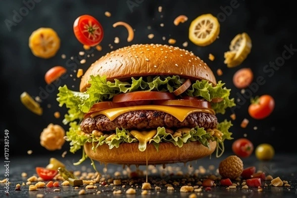 Obraz Cheeseburger with Floating Ingredients on Dark Background