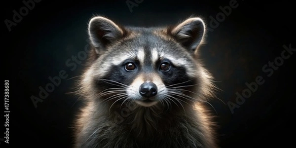 Fototapeta A captivating close-up portrait of a raccoon, its dark eyes gleaming intensely, set against a deep black backdrop that highlights its striking facial features and soft fur