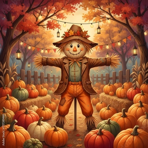 Fototapeta Delightful autumn illustration of a cheerful scarecrow standing in a pumpkin harvest surrounded by colorful fall leaves and festive decorations. 