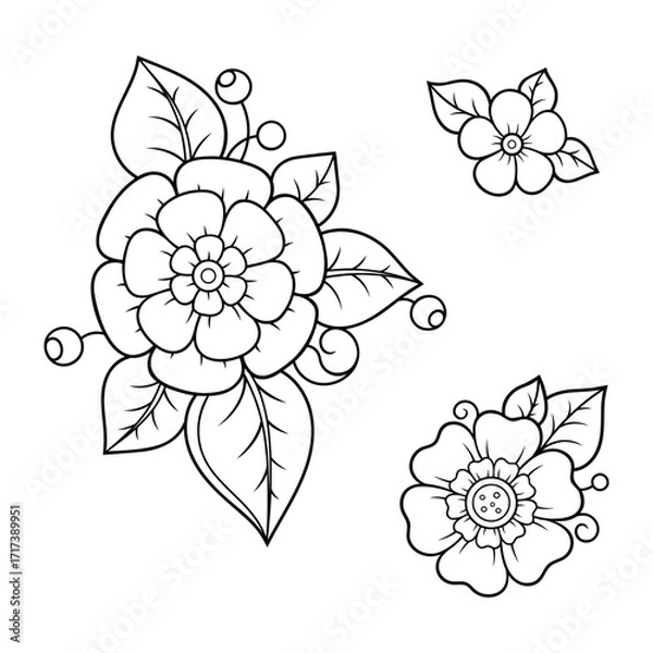 Fototapeta Set of Mehndi flower pattern for Henna drawing and tattoo. Decoration in ethnic oriental, Indian style. Doodle ornament. Outline hand draw vector illustration.
