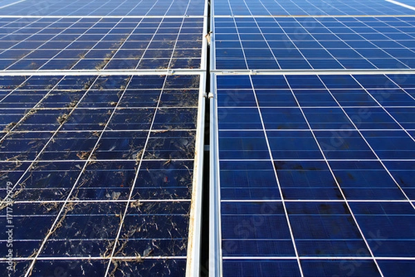 Fototapeta Solar Panel Cleaning Comparison Showing Efficiency Loss and Clean Energy Production Improvement Opportunity for Renewable Energy Investment