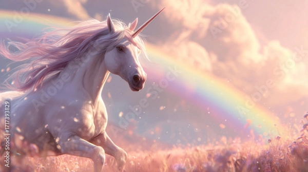 Fototapeta Beautiful illustration of a unicorn running over a rainbow