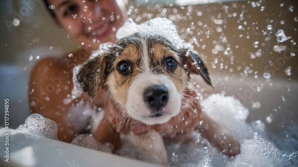 Fototapeta Dynamic low-angle shot from the side of a bathtub. A woman's hands gently but firmly holding a playful, wet puppy covered in suds. Water droplets splashing, soap bubbles everywhere. 