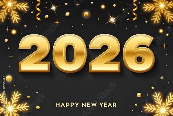 Fototapeta Elegant Gold 2026 New Year's Greeting Card Design: Dark Background, Festive Sparkle