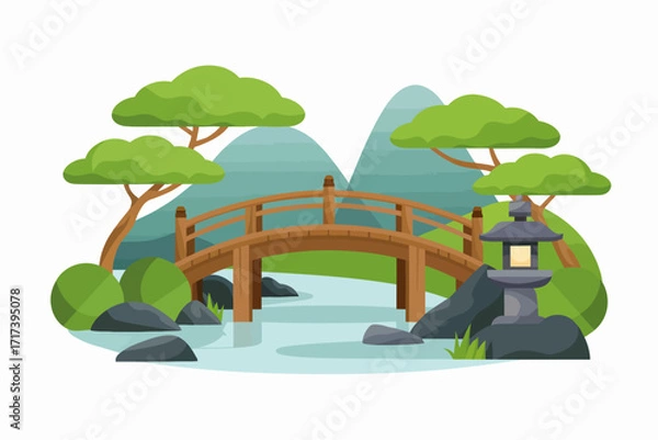 Fototapeta Japanese Garden Illustration with Wooden Bridge Serene Landscape and Peaceful Environment Tranquil Scene with Water and Trees
