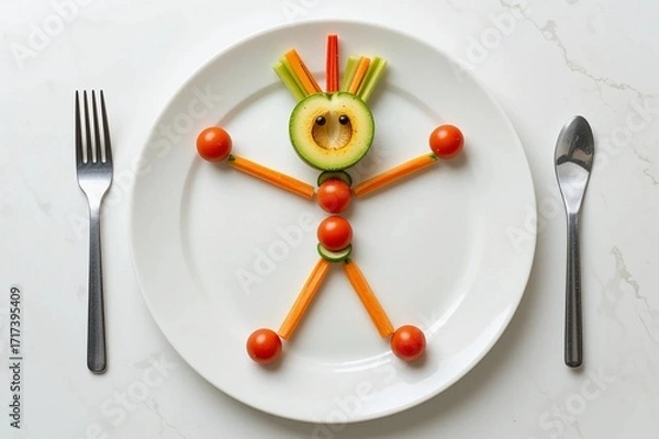 Obraz Creative Food Art Stick Figure with Avocado and Tomato
