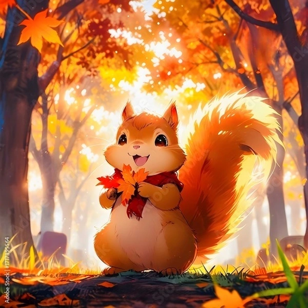 Fototapeta A playful autumn scene featuring a cute cartoon squirrel surrounded by falling leaves and warm colors.