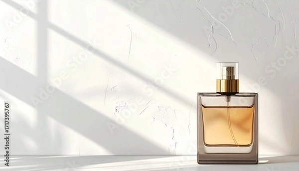 Fototapeta 下隅のフロステッドガラス香水瓶とアイボリーホワイト背景ロマンティックでフェミニンな縦型ビューティーポスター
