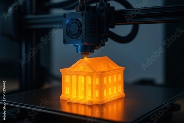 Fototapeta 3D printing of a miniature house with glowing features in a modern studio
