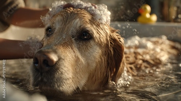Fototapeta Close-up shot of a woman's hands massaging shampoo into the fur of a calm golden retriever in a bathtub. Water ripples, shiny wet fur, rich lather. 