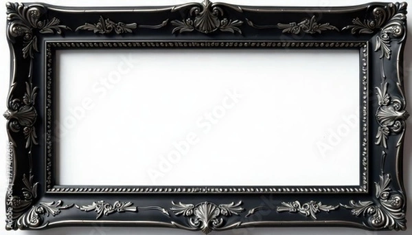 Fototapeta Black rectangular frame with silver floral etching , illustration, leaf