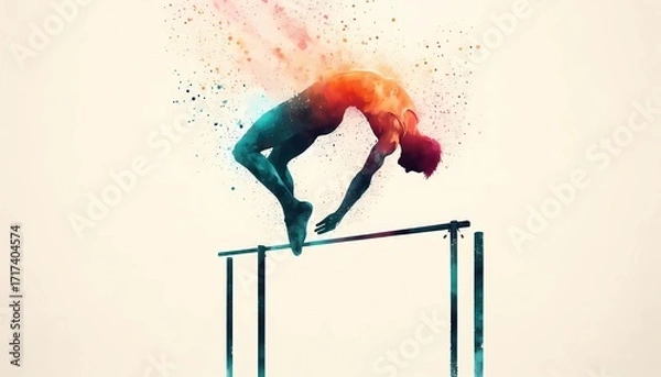 Fototapeta Watercolor illustration of a gymnast on parallel bars performing a flip move