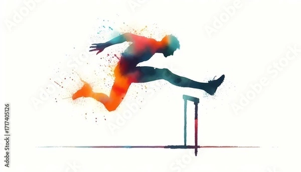 Fototapeta A colorful watercolor silhouette of a man jumping over a hurdle on white back