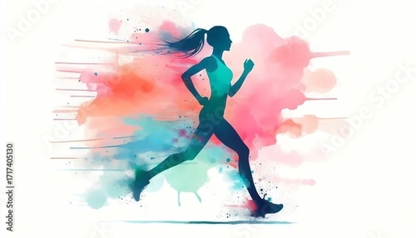 Fototapeta Silhouette of a woman running with colorful watercolor paint background art