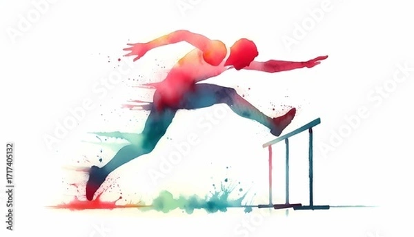 Fototapeta Watercolor illustration of a male athlete jumping over a hurdle in a race