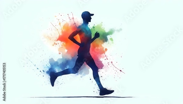 Fototapeta Silhouette of a runner with colorful watercolor splash behind on white background