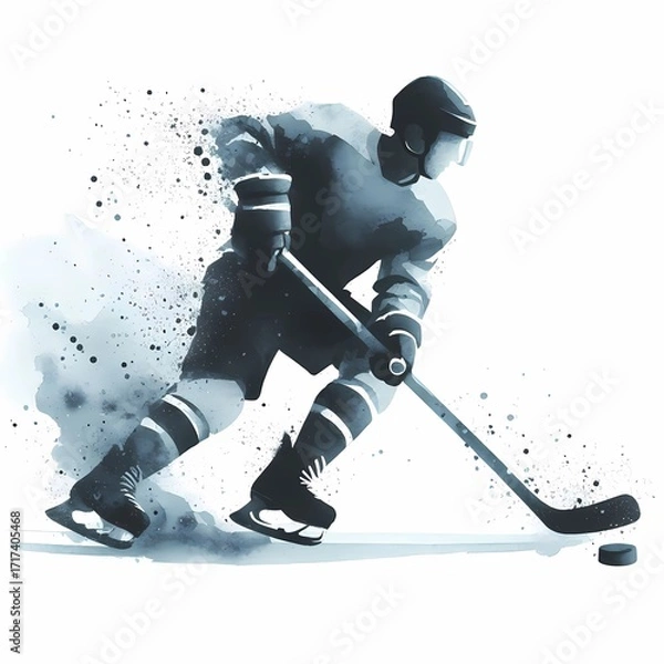 Fototapeta A watercolor painting of a hockey player skating with a puck on a white background
