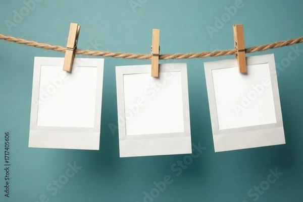 Fototapeta Blank photo frames strung on rustic rope, wooden clothespins , string, twine