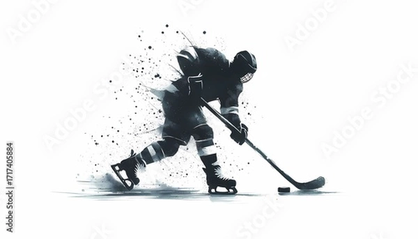 Fototapeta A stylized depiction of a hockey player skating with a stick and puck on ice