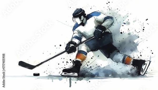 Fototapeta A watercolor illustration of a hockey player skating with a stick and puck