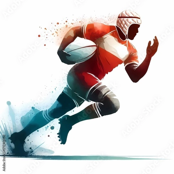Fototapeta A rugby player running with the ball in a stylized watercolor illustration
