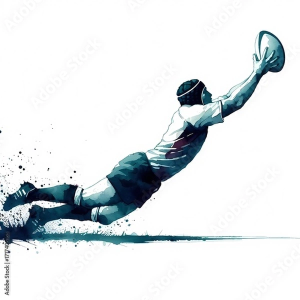 Fototapeta A rugby player diving through the air to catch the ball in a watercolor style