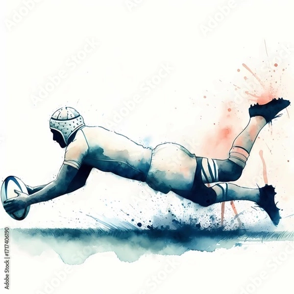 Fototapeta Watercolor illustration of a rugby player diving with the ball in his hands forward