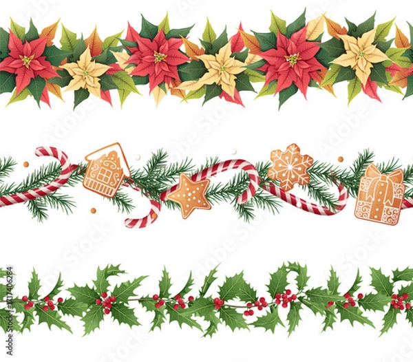 Fototapeta Festive Christmas Seamless Border Set with Red Poinsettia, Holly, Fir Branches, Candy Cane and Gingerbread Cookies. Holiday Frame Collection for Gift Wrap, Textile Design, Scrapbooking and Season