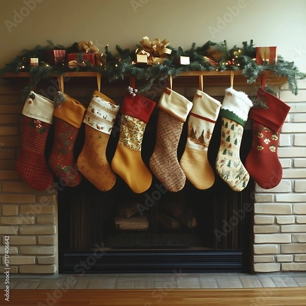 Obraz Christmas stockings hang from a mantelpiece above a fireplace