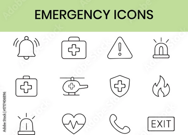 Fototapeta Minimalist Emergency line icons set with editable stroke, featuring danger, warning, caution, emergency response, 911, paramedic, accident, alert, safety, sos, cone, fire. thin linear illustration
