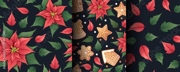 Fototapeta Festive Christmas Seamless Pattern with Red Poinsettia and Iced Gingerbread Cookies. Holiday Background for Gift Packaging, Textile Design, Wallpaper and Seasonal Decor.