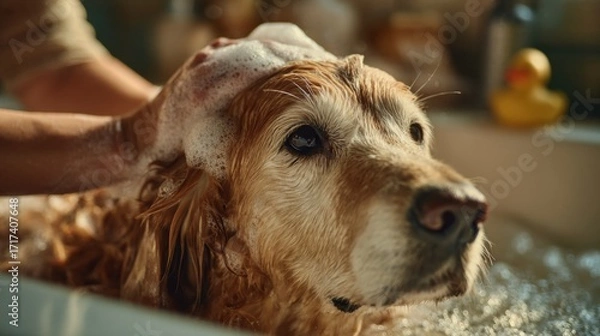 Fototapeta Close-up shot of a woman's hands massaging shampoo into the fur of a calm golden retriever in a bathtub. Water ripples, shiny wet fur, rich lather. 
