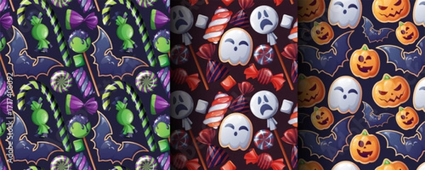 Fototapeta Halloween Sweets Seamless Pattern Set with Pumpkin,Ghost, Bat Candy, Lollipops and Treats. Spooky Background for Textile Design, Wallpaper, Gift Wrap and Party Decor