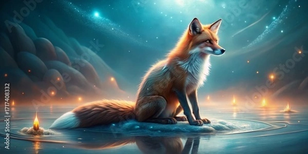 Fototapeta A Solitary Fox Contemplates a Mystical Nightscape of Glowing Lights and Serene Waters