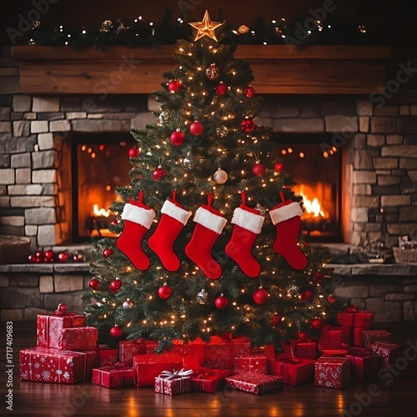 Obraz Christmas tree with stockings and presents by a fireplace