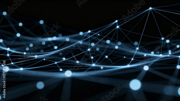 Fototapeta Abstract digital network with interconnected nodes and glowing lines on a dark background